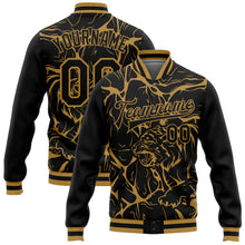 Load image into Gallery viewer, Custom Black Old Gold Abstract Network And Tiger 3D Pattern Design Bomber Full-Snap Varsity Letterman Jacket
