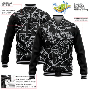 Custom Black Gray Abstract Network And Tiger 3D Pattern Design Bomber Full-Snap Varsity Letterman Jacket