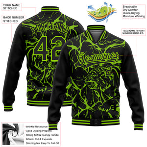 Custom Black Neon Green Abstract Network And Tiger 3D Pattern Design Bomber Full-Snap Varsity Letterman Jacket