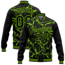 Load image into Gallery viewer, Custom Black Neon Green Abstract Network And Tiger 3D Pattern Design Bomber Full-Snap Varsity Letterman Jacket
