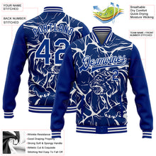 Load image into Gallery viewer, Custom Royal White Abstract Network And Tiger 3D Pattern Design Bomber Full-Snap Varsity Letterman Jacket
