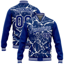 Load image into Gallery viewer, Custom Royal White Abstract Network And Tiger 3D Pattern Design Bomber Full-Snap Varsity Letterman Jacket
