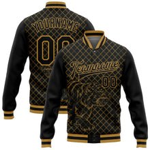 Load image into Gallery viewer, Custom Black Old Gold Check And Tiger 3D Pattern Design Bomber Full-Snap Varsity Letterman Jacket
