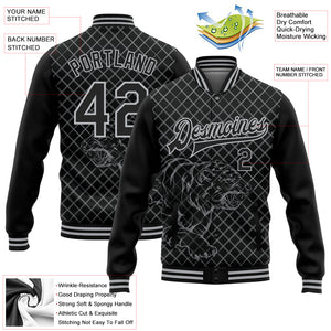 Custom Black Gray Check And Tiger 3D Pattern Design Bomber Full-Snap Varsity Letterman Jacket