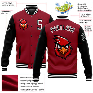 Custom Cardinal Black-White 3D Pattern Design Bomber Full-Snap Varsity Letterman Jacket