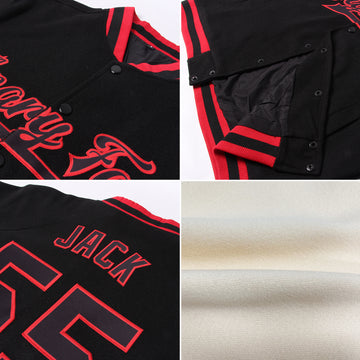 Custom Cream Red-Black 3D Pattern Design Bomber Full-Snap Varsity Letterman Jacket