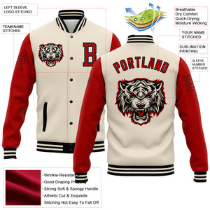 Custom Cream Red-Black 3D Pattern Design Bomber Full-Snap Varsity Letterman Jacket