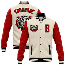 Load image into Gallery viewer, Custom Cream Red-Black 3D Pattern Design Bomber Full-Snap Varsity Letterman Jacket
