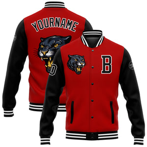 Custom Red Black-White 3D Pattern Design Bomber Full-Snap Varsity Letterman Jacket