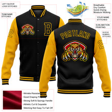 Load image into Gallery viewer, Custom Black Gold 3D Pattern Design Bomber Full-Snap Varsity Letterman Jacket
