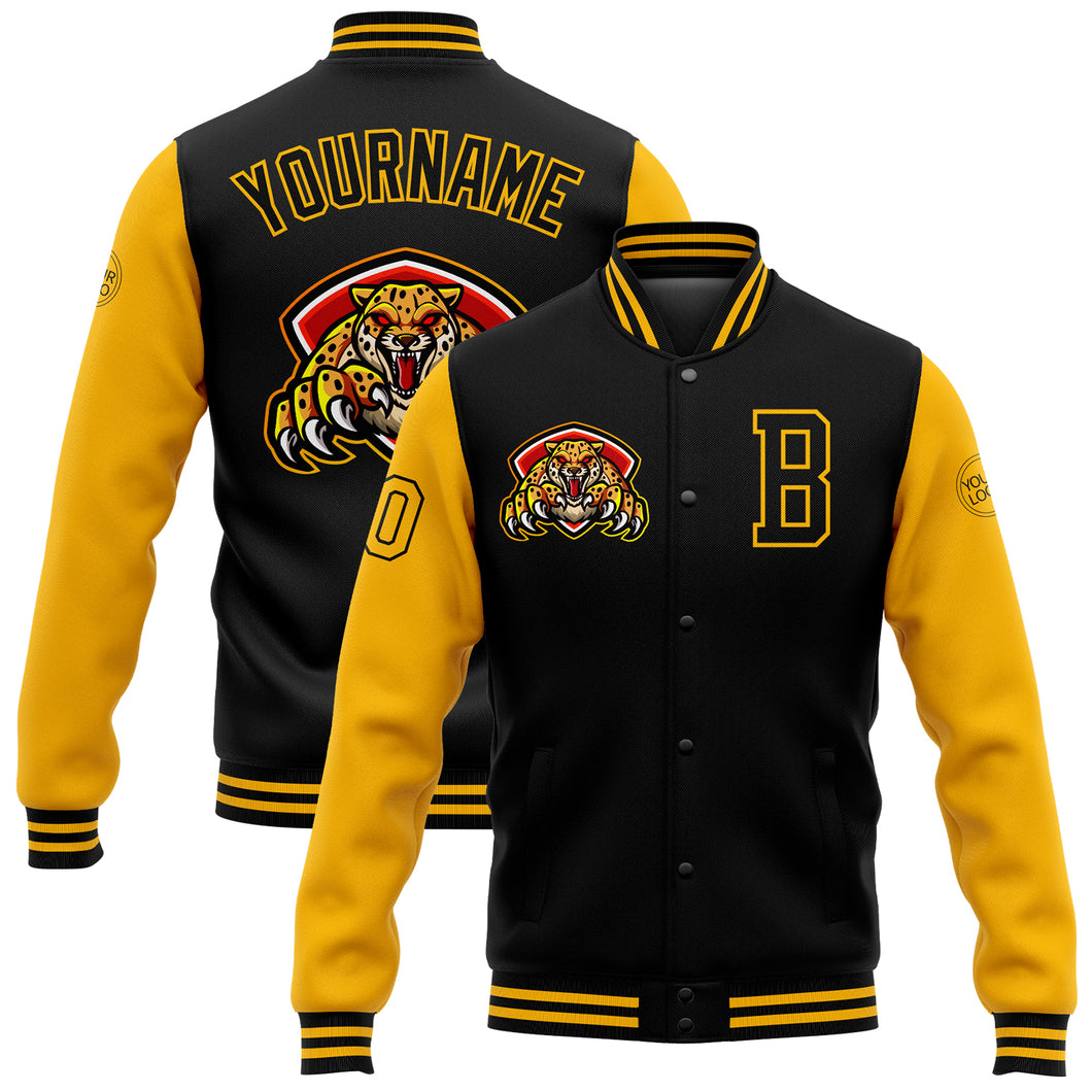 Custom Black Gold 3D Pattern Design Bomber Full-Snap Varsity Letterman Jacket