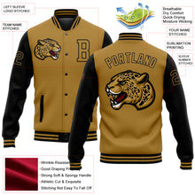 Load image into Gallery viewer, Custom Old Gold Black 3D Pattern Design Bomber Full-Snap Varsity Letterman Jacket
