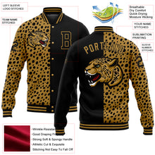 Load image into Gallery viewer, Custom Black Old Gold Leopard Print 3D Pattern Design Bomber Full-Snap Varsity Letterman Jacket
