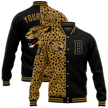 Load image into Gallery viewer, Custom Black Old Gold Leopard Print 3D Pattern Design Bomber Full-Snap Varsity Letterman Jacket
