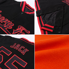 Load image into Gallery viewer, Custom Orange Black 3D Pattern Design Bomber Full-Snap Varsity Letterman Jacket
