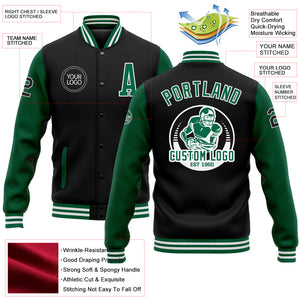 Custom Black Kelly Green-White Bomber Full-Snap Varsity Letterman Two Tone Jacket