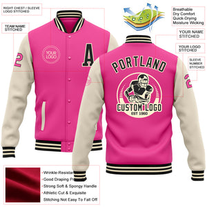 Custom Pink Black-Cream Bomber Full-Snap Varsity Letterman Two Tone Jacket