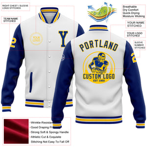 Custom White Royal-Yellow Bomber Full-Snap Varsity Letterman Two Tone Jacket