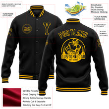 Load image into Gallery viewer, Custom Black Gold Bomber Full-Snap Varsity Letterman Jacket
