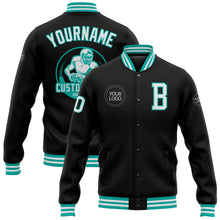 Load image into Gallery viewer, Custom Black White-Aqua Bomber Full-Snap Varsity Letterman Jacket
