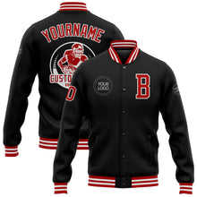 Load image into Gallery viewer, Custom Black Red-White Bomber Full-Snap Varsity Letterman Jacket
