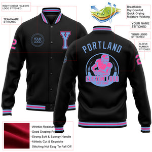 Custom Black Light Blue-Pink Bomber Full-Snap Varsity Letterman Jacket