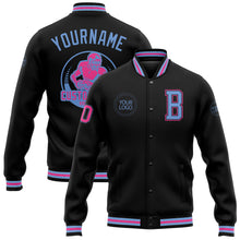 Load image into Gallery viewer, Custom Black Light Blue-Pink Bomber Full-Snap Varsity Letterman Jacket
