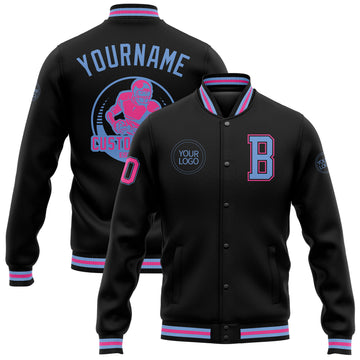 Custom Black Light Blue-Pink Bomber Full-Snap Varsity Letterman Jacket