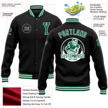 Load image into Gallery viewer, Custom Black Kelly Green-White Bomber Full-Snap Varsity Letterman Jacket
