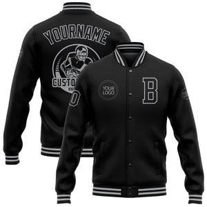 Custom Black Gray Bomber Full-Snap Varsity Letterman Jacket