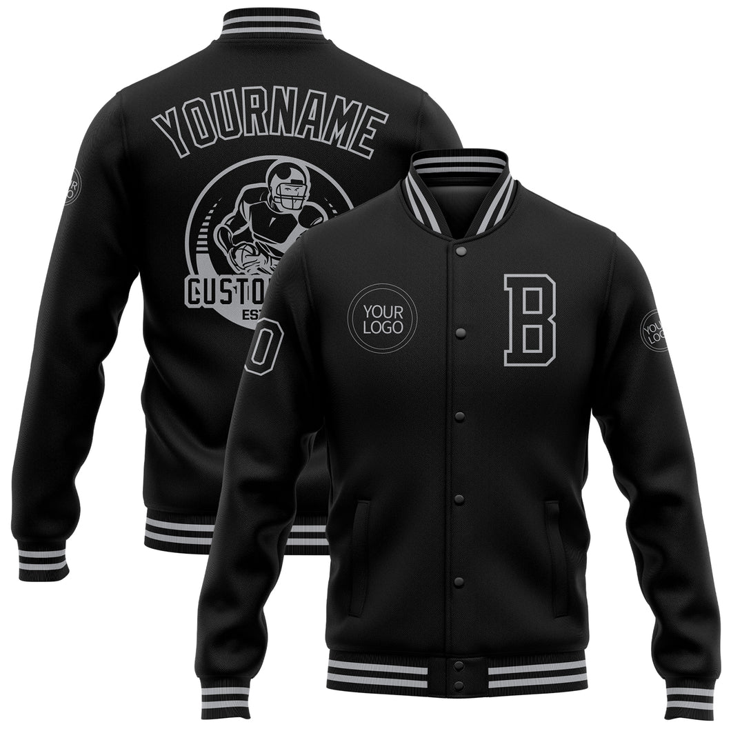 Custom Black Gray Bomber Full-Snap Varsity Letterman Jacket