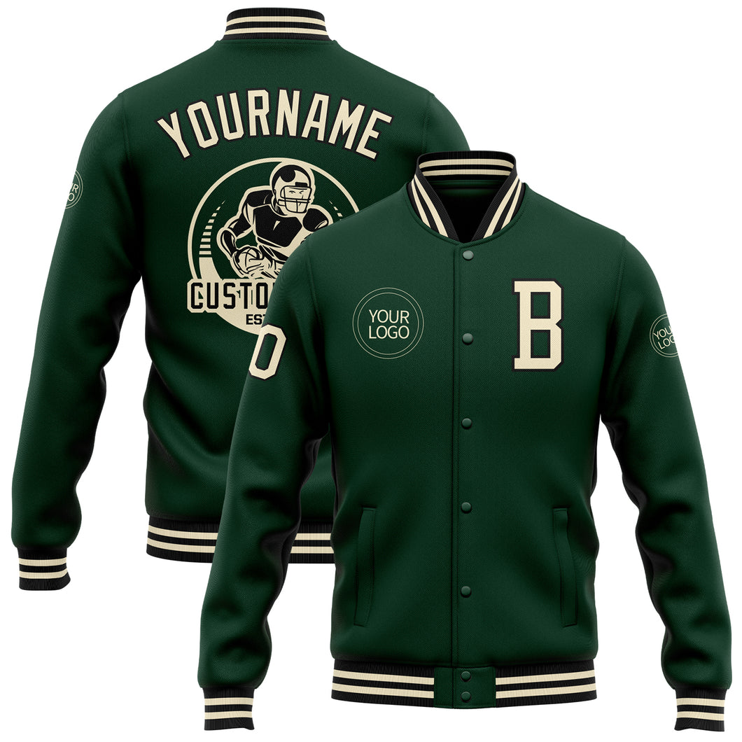 Custom Green Cream-Black Bomber Full-Snap Varsity Letterman Jacket