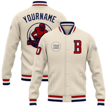 Load image into Gallery viewer, Custom Cream Red-Navy Bomber Full-Snap Varsity Letterman Jacket
