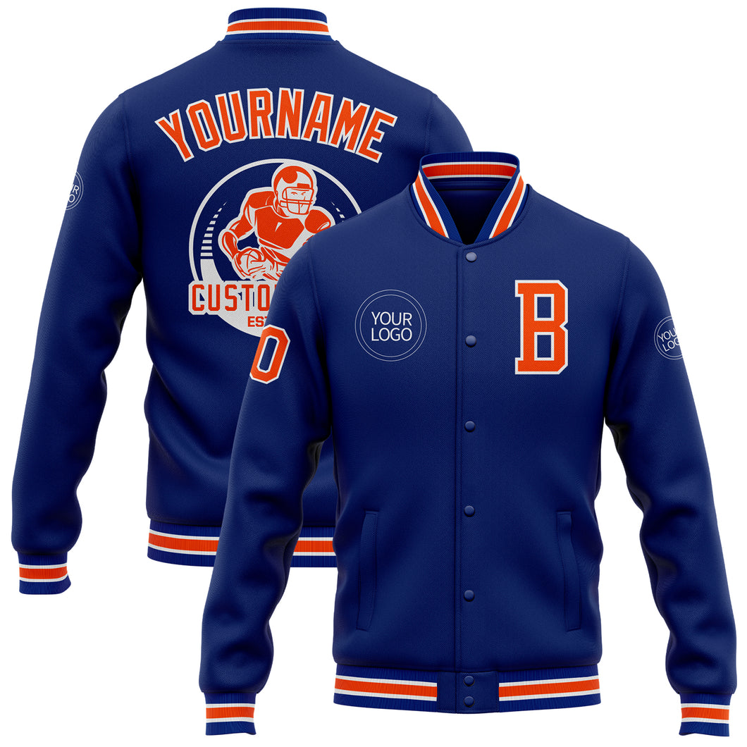 Custom Royal Orange-White Bomber Full-Snap Varsity Letterman Jacket