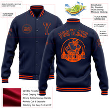 Load image into Gallery viewer, Custom Navy Orange Bomber Full-Snap Varsity Letterman Jacket
