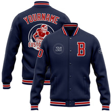 Load image into Gallery viewer, Custom Navy Red-White Bomber Full-Snap Varsity Letterman Jacket
