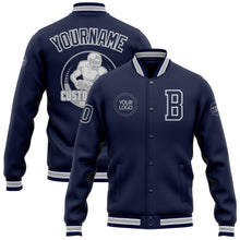 Load image into Gallery viewer, Custom Navy White-Gray Bomber Full-Snap Varsity Letterman Jacket
