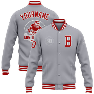 Custom Gray Red-White Bomber Full-Snap Varsity Letterman Jacket