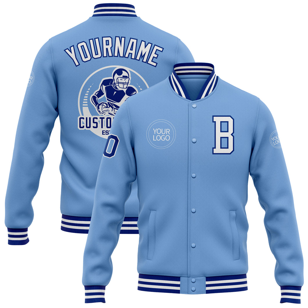 Custom Light Blue White-Royal Bomber Full-Snap Varsity Letterman Jacket