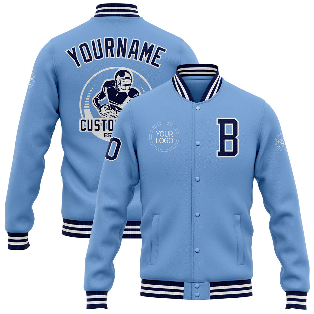 Custom Light Blue Navy-White Bomber Full-Snap Varsity Letterman Jacket