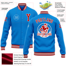Load image into Gallery viewer, Custom Powder Blue Red-White Bomber Full-Snap Varsity Letterman Jacket
