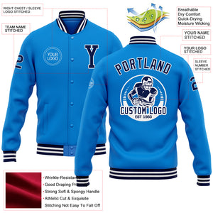 Custom Electric Blue Navy-White Bomber Full-Snap Varsity Letterman Jacket