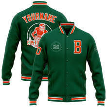 Load image into Gallery viewer, Custom Kelly Green Orange-White Bomber Full-Snap Varsity Letterman Jacket
