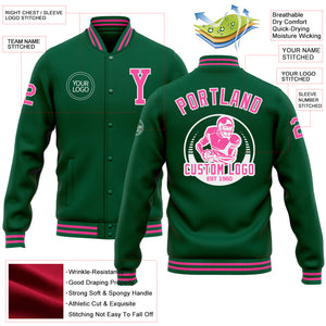 Custom Kelly Green Pink-White Bomber Full-Snap Varsity Letterman Jacket