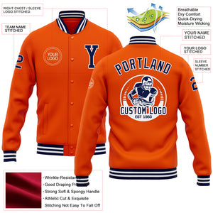 Custom Orange Navy-White Bomber Full-Snap Varsity Letterman Jacket