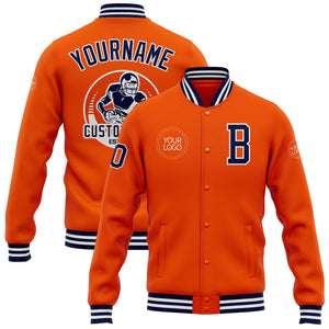 Custom Orange Navy-White Bomber Full-Snap Varsity Letterman Jacket