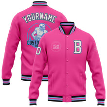 Load image into Gallery viewer, Custom Pink White Light Blue-Black Bomber Full-Snap Varsity Letterman Jacket
