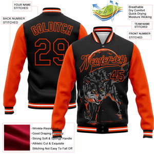 Custom Black Orange Wolf 3D Pattern Design Bomber Full-Snap Varsity Letterman Jacket