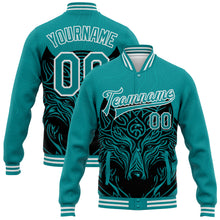 Load image into Gallery viewer, Custom Teal White Wolf Head 3D Pattern Design Bomber Full-Snap Varsity Letterman Jacket
