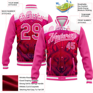 Custom Pink White Wolf With Dreamcatcher 3D Pattern Design Bomber Full-Snap Varsity Letterman Jacket